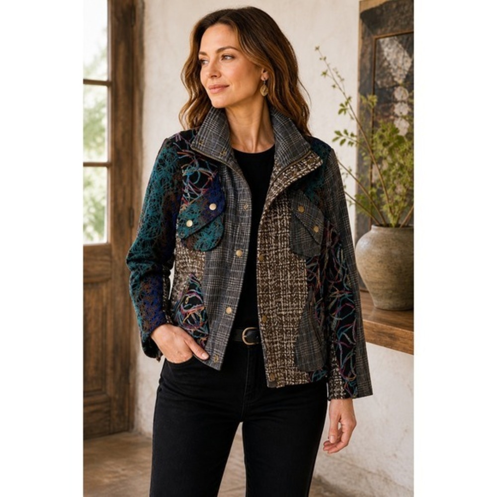 Pura Vida Patchwork Tweed Jacket Womens 14 Embroidered Boho Statement Coat